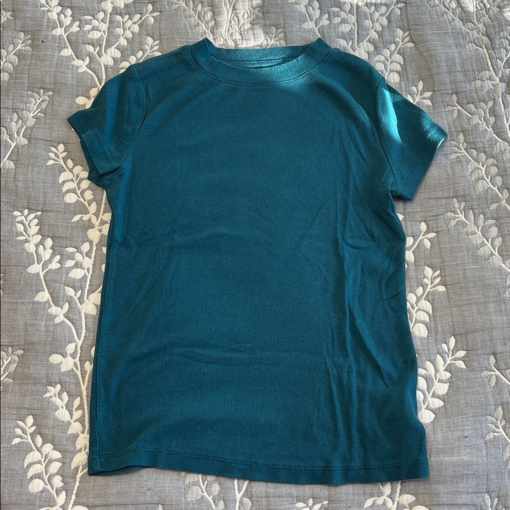 A New Day Teal Ribbed Top - Short Sleeve mock neck - Cotton Blend - Size S